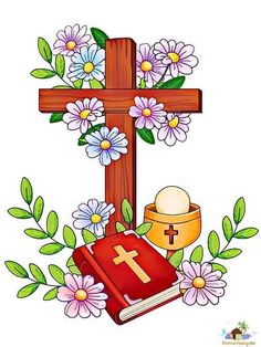 a cross with flowers and a book on it