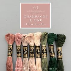 six skeins of pink, green and white yarn with the text champagne & pine floss bundle