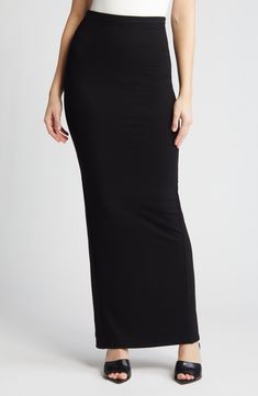 Keep your look captivating in a second-skin skirt with a soaring, high waistband that creates a shapely, sultry appearance. Pull-on style 87% rayon, 13% spandex Hand wash, dry flat Imported Sleek Long Skirt For Night Out, Sleek Maxi Skirt For Night Out, Sleek Long Pencil Skirt For Night Out, Black Stretch Elastane Maxi Skirt, Sleek Elastane Pencil Skirt, Sleek Relaxed Skirt For Night Out, Sleek Full-length Skirt For Night Out, Sleek Full Length Skirt For Night Out, Sleek Fitted Elastane Skirt