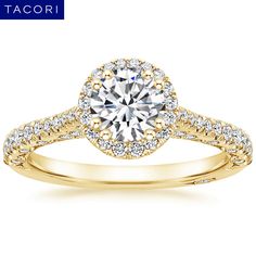 Lab Created Tacori Petite Crescent Bloom Diamond Engagement Ring - 18K Yellow Gold. A halo of diamonds surrounds a glistening center stone encased by double bead prongs in this eye-catching ring. Diamond-accented cathedral shoulders and petite crescents a Heirloom Yellow Gold Halo Ring, Luxury Yellow Gold Halo Ring With Center Stone, Fine Jewelry Yellow Gold Diamond Ring With Halo Setting, Exquisite Yellow Gold Halo Ring With Brilliant Cut, Exquisite Brilliant Cut Yellow Gold Halo Ring, Wedding Halo Ring In Yellow Gold With Pave Setting, Yellow Gold Halo Ring With Pave Setting For Wedding, Timeless Yellow Gold Halo Ring With Diamond Accents, Dazzling Yellow Gold Diamond Ring With Halo Setting