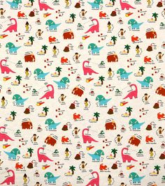 a white fabric with dinosaurs and palm trees on it