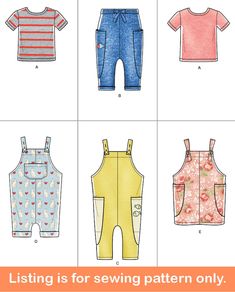 sewing patterns for baby's rompers and overalls with the words listing is for sewing pattern only