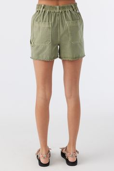 O'Neill Girl's woven short 3'' Inseam Length, 10'' Front Rise Slash Pockets Elastic at Back Waist Back Patch Pockets 100% Cotton twill | O'Neill Girl's Charli Ultility Shorts in Oil Green, Size XL, Twill Summer Khaki Cotton Shorts, Spring Beach Cargo Shorts In Cotton, Khaki Cotton Shorts With Elastic Waistband, Casual Green Shorts With Short Inseam, Casual Green Shorts For Spring, Casual Olive Bottoms For Summer, Casual High-waisted Green Shorts, Casual Green High-waisted Shorts, Green Cotton Bottoms Of Short Length