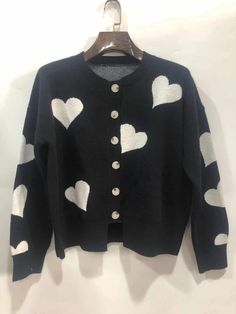 Women's Sweater Love Heart Pattern Single Breasted Knit Cardigan Sweater White Heart Print Sweater For Winter, White Heart Sweater For Winter, Cute Heart Print Winter Sweater, Cute Winter Sweater With Heart Print, Casual Heart-shaped Winter Sweater, Casual Heart-shaped Sweater For Winter, Trendy Heart Print Sweater For Winter, Casual Heart Print Sweater For Winter, Casual Winter Sweater With Heart Print