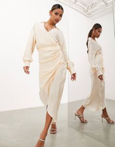 ASOS EDITION drape detail midi shirt dress in seashell | ASOS Summer Draped Midi Dress For Workwear, Summer Workwear Draped Midi Dress, Draped Spring Workwear Dresses, Spring Draped Workwear Dresses, Draped Dresses For Spring Workwear, Spring Workwear Draped Dresses, Chic Draped Midi Dress For Brunch, Elegant Midi Dress With Asymmetrical Hem For Day Out, Draped Maxi Dress For Spring Workwear