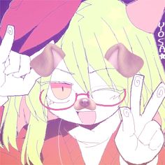 an anime character with glasses and blonde hair making the peace sign while holding her hand up