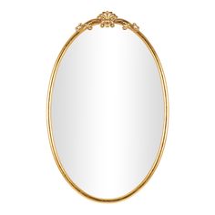 a gold oval mirror with an ornate frame on the top and bottom, against a white background