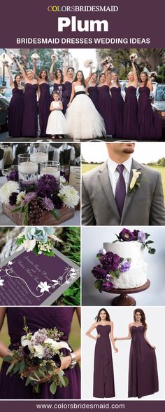 a collage of photos with purple and white flowers on the bridesmaid's dress