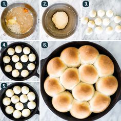 step by step instructions on how to make rolls in a cast iron skillet and then being cooked