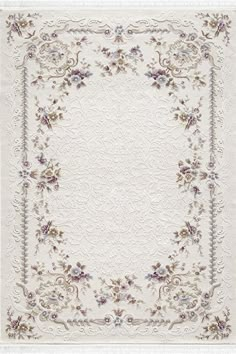 a white rug with purple flowers and vines on the border, in front of a white background