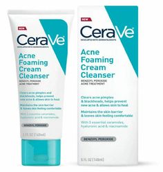 CeraVe Acne Foaming Cream Face Cleanser For Oily Skin 5 Fl. Oz. Description Developed with dermatologists, this foaming, creamy cleanser - with 3 essential ceramides - Cleanses and helps clear acne while leaving skin feeling soft and comfortable. This gentle, yet effective Acne Foaming Cream face cleanser instantly dissolves dirt and oil without stripping skin of its natural moisture, helping to maintain the protective skin barrier. Skin will look and feel smoother and more clarified. Acne Face Acne Foaming Cream Cleanser, Benzoyl Peroxide Cleanser, Cleanser For Sensitive Skin, Cleanser For Oily Skin, Acne Face Wash, Acne Cleansers, Cream Face, Acne Cream, Acne Shop