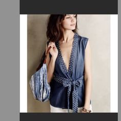 Anthropologie Holding Horses Women's Stitched Chambray Vest Sleeveless Wrap Belted Shirt 100% Tencel Indigo Sleeveless Top For Spring, Sleeveless Indigo Tops For Spring, Blue Summer Vest For Day Out, Blue Vest For Spring Day Out, Chic Indigo Summer Tops, Black Floral Top, Bohemian Blouses, Wrap Crop Tops, Orange Blouse