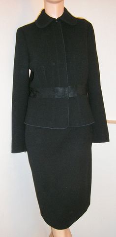 "Vintage Ann Taylor elegant formal evening skirt suit. Trimmed with piping throughout. Bow in back of jacket at waist. Large hidden magnetic snaps on jacket front for closure. Fully lined. 100% Wool crepe. Poly/spandex lining. MINT condition, no flaws or damage. I lightened most photos to show detail. Actual color tone is as shown in the open jacket front photo. Measurements: Jacket: Shoulders across front: 15\" Chest across front: 18\" Waist across front: 16\" Length: 23\" Sleeve inseam: 17\" S Fitted Black Skirt Suit For Business, Elegant Formal Wool Skirt Suit, Elegant Wool Skirt Suit For Formal Occasions, Classic Tailored Skirt Suit For Party, Winter Formal Fitted Skirt Suit, Formal Black Fitted Skirt Suit, Black Fitted Skirt Suit For Formal Occasions, Elegant Black Skirt Suit For Formal Occasions, Elegant Fitted Winter Skirt Suit