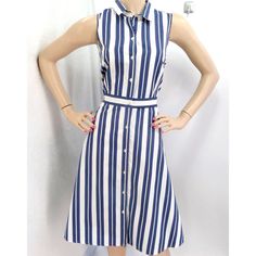 Ann Taylor Color: White. Blue And Black . Vintage Retro Striped Print. Collared Neckline. Sleeveless. 1 1/2 " Waistband. Side Patch Pockets. A Line Skirt. Front Button Closure. Approximate Measurements Are Taken On A Flat Surface: Bust: Under To Underarm 17 1/2" Waist: 15 1/2" Length: Shoulder To Hem 40 1/2" Material: 81% Cotton, 19% Lyocell. Lining: None. Machine Wash Cold Water. Condition: New With Tags. Casual Blue A-line Shirt Dress, Fitted Collared Midi Dress For Beach, Striped Fitted Shirt Dress For Beach, Fitted Knee-length Shirt Dress For Beach, Fitted Button-up Summer Shirt Dress, White Fitted Summer Shirt Dress, Striped Knee-length Shirt Dress For Summer, Spring Collared Lined Dresses, Fitted Summer Shirt Dress, Midi Length