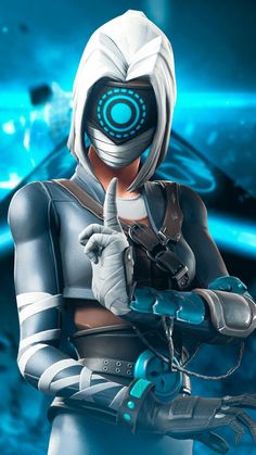 an image of a woman in futuristic garb holding a glove and pointing to the side