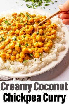 creamy coconut chickpea curry is served over rice on a white plate with chopsticks