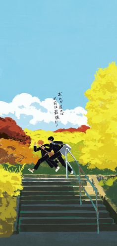 a painting of a man running up some stairs with trees in the background and clouds in the sky