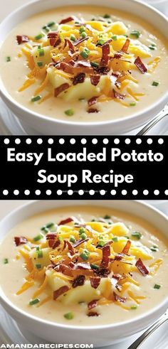 two bowls of loaded potato soup with bacon and cheese on top, one bowl is full of soup