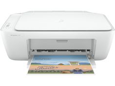 the hp desk printer is white and has an image on it