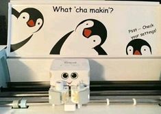 an image of a machine with penguins on it's side and the words what chia makin?