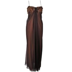 This Travilla gown is composed of a brown silk chiffon. Features a center front drape and peasant feather applique. There is a center back zipper closure. In excellent vintage condition. **Please cross-reference measurements for personal accuracy. Measures (Approximately) Length: 50" Bust: 31.75" Waist: 26" Hip: 38" Brown Wedding Dress, Cocktail Dresses With Jackets, Feather Applique, Satin Evening Gown, Chiffon Shawl, Velvet Cocktail Dress, Dress With Shawl, Long Sleeve Cocktail Dress, 1980s Dresses