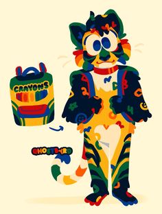 a cartoon cat is standing next to a canister with the word crayons written on it