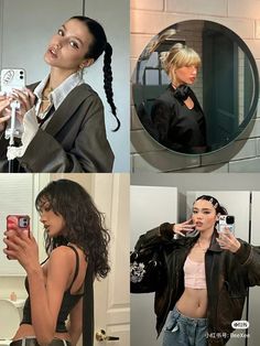 four pictures of women taking selfies in the mirror