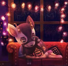 a cartoon animal sitting on top of a couch next to a window covered in lights