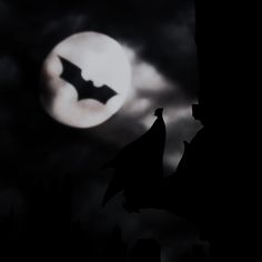 a black and white photo of a bat flying in front of a full moon