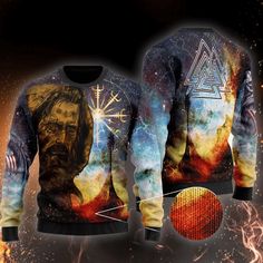 an all over print sweater with the image of jesus on it and stars in the background