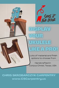 an advertisement for a ukulele made out of wood and glass with the words, display your ukulele like a pro