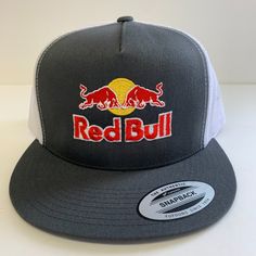 Yupoong New Hat With Red Bull Type Embroidered Cap Flat Bill Mesh Back Snapback Grey/White Flat Bill Hats For Women, Red Embroidered Snapback Trucker Hat, Embroidered White Baseball Cap For Streetwear, White Embroidered Baseball Cap For Streetwear, White Embroidered Snapback Hat With Flat Brim, White Embroidered Visor Baseball Cap, White Trucker Baseball Cap With Embroidered Patch, White Flat Bill Trucker Hat With Custom Logo, Casual White Embroidered Snapback Hat