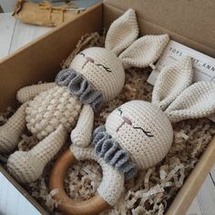 two crocheted stuffed animals in a box