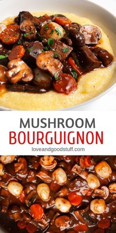 mushroom bourguignon in a white bowl on top of mashed potatoes and mushrooms