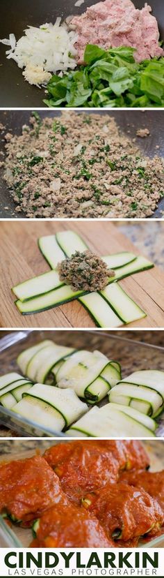 the process of making cucumber sandwiches is shown in four different pictures, including zucchini and meat