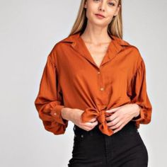 Balling Long Sleeve, Front Tie Knot. Casual Collared Blouse For Date Night, Chic Collared Tops For Date Night, Casual Button-up Top For Date Night, Elegant Shirt For Fall Brunch, Fall Button-up Blouse For Brunch, Solid Color Fall Blouse For Brunch, Versatile Blouse For Fall Brunch, Fall Brunch Blouse, Fall Button-up Tops For Brunch