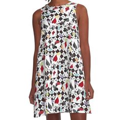 Loose-fit, mid-length sleeveless dress with silky handfeel. Printed on both sides. Machine washable. Size range XS-2XL. This design is a Casino playing card pattern. A background of all four card suits with a toss design of all four A's and gambling chips. This design is great for anyone that loves a good card game. Sleeveless Printed Mini Dress For Daywear, Multicolor Sleeveless Mini Dress For Daywear, Multicolor A-line Dress For Daywear, Playing Card Pattern, Gambling Chips, Card Suits, Fun Card Games, Card Pattern, Playing Card