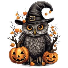 an owl wearing a witches hat with pumpkins