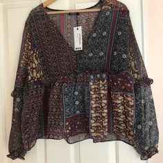 This Is A Really Lightweight Top! Breathable Material And Really Cute For The Summer! Hippie Patterned Tops For Fall, Multicolor Peasant Top For Fall, Bohemian Multicolor Print Blouse For Fall, Casual Boho Print Peasant Top For Fall, Fall Casual Peasant Top With Boho Print, Paisley Print Top For Beach In Fall, Fall Paisley Print Top For The Beach, Fall Beach Top With Paisley Print, Patterned Long Sleeve Top With Mixed Print