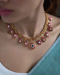 Gold Plated Multicolor Stones Necklace Sets From 'Prade Jewels' • South India Jewels South India Jewels Necklace, Satlada Necklace, Fashionable Saree, Simple Necklaces, Gold Temple Jewellery, Stone Necklace Set, Gold Necklace Indian