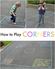 two boys playing with crayons on the pavement in front of their house and how to play corners