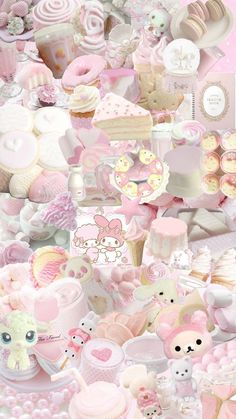 a collage of pink and white items with teddy bears, cupcakes, cakes, and more