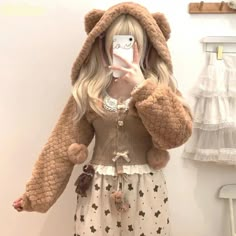 Kawaii Winter Outfits Pastel, Cute Bear Clothes, Teddy Bear Core Outfits, Cozy Clothing Aesthetic, Cute Hooded Outerwear, Cute Hooded Fall Outerwear, Cute Hooded Outerwear For Fall, Cute Fall Hooded Outerwear, Cute Brown Winter Outerwear