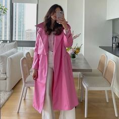 Pink Trench Coat Faux Leather Rain Coat Material Very Well Designed Quality A Bit Heavy Brand New Bubble Gum Pink Coloring Pink Rain Coat Outfit, Pink Coat Outfit, Trench Outfit, Faux Leather Outfits, Pink Raincoat, Rain Outfit, Raincoat Outfit, Winter Coat Outfits, Exaggerated Collar