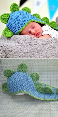 a baby sleeping in a crocheted turtle hat and next to an image of a stuffed turtle