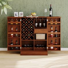 a wooden wine rack with bottles and glasses on it