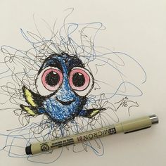 a drawing of a blue bird with pink eyes on it's face next to a crayon marker