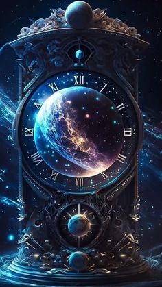 a clock with an image of the earth in it's center and stars around it