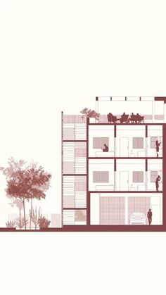 an architectural drawing of a building with people standing on the outside and trees in front