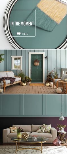 two pictures of the same room with different colors and furniture in it, one is green and